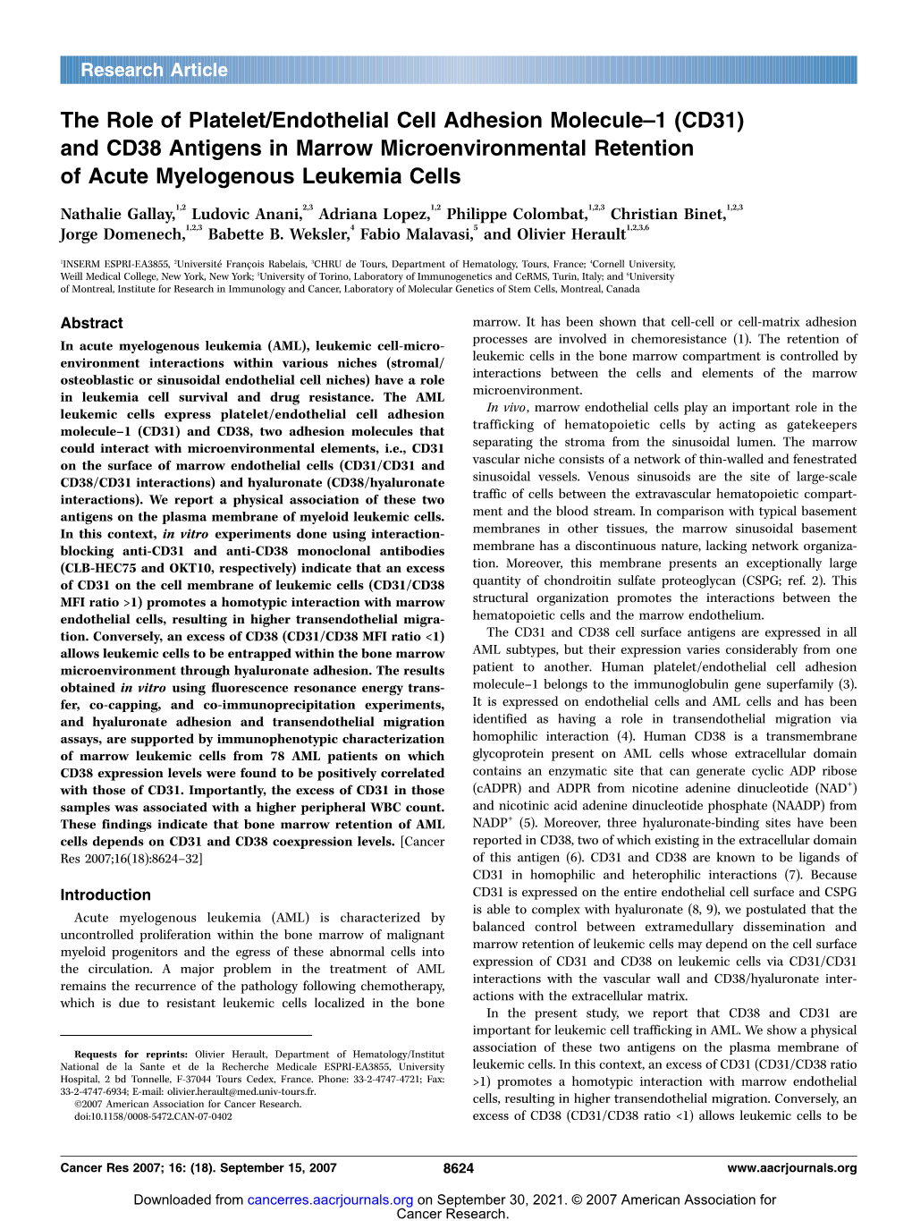 CD31) and CD38 Antigens in Marrow Microenvironmental Retention of Acute Myelogenous Leukemia Cells