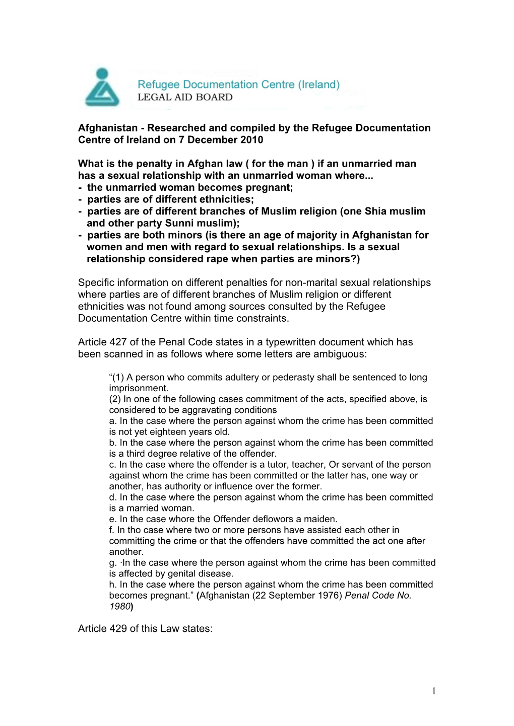 Afghanistan - Researched and Compiled by the Refugee Documentation Centre of Ireland on 7 December 2010