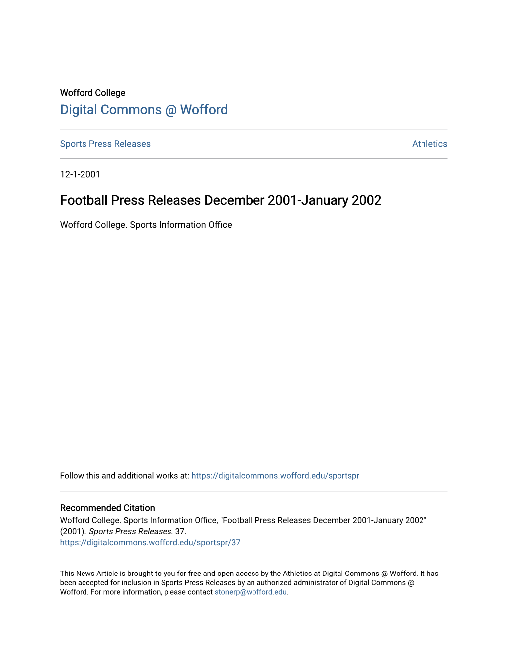 Football Press Releases December 2001-January 2002