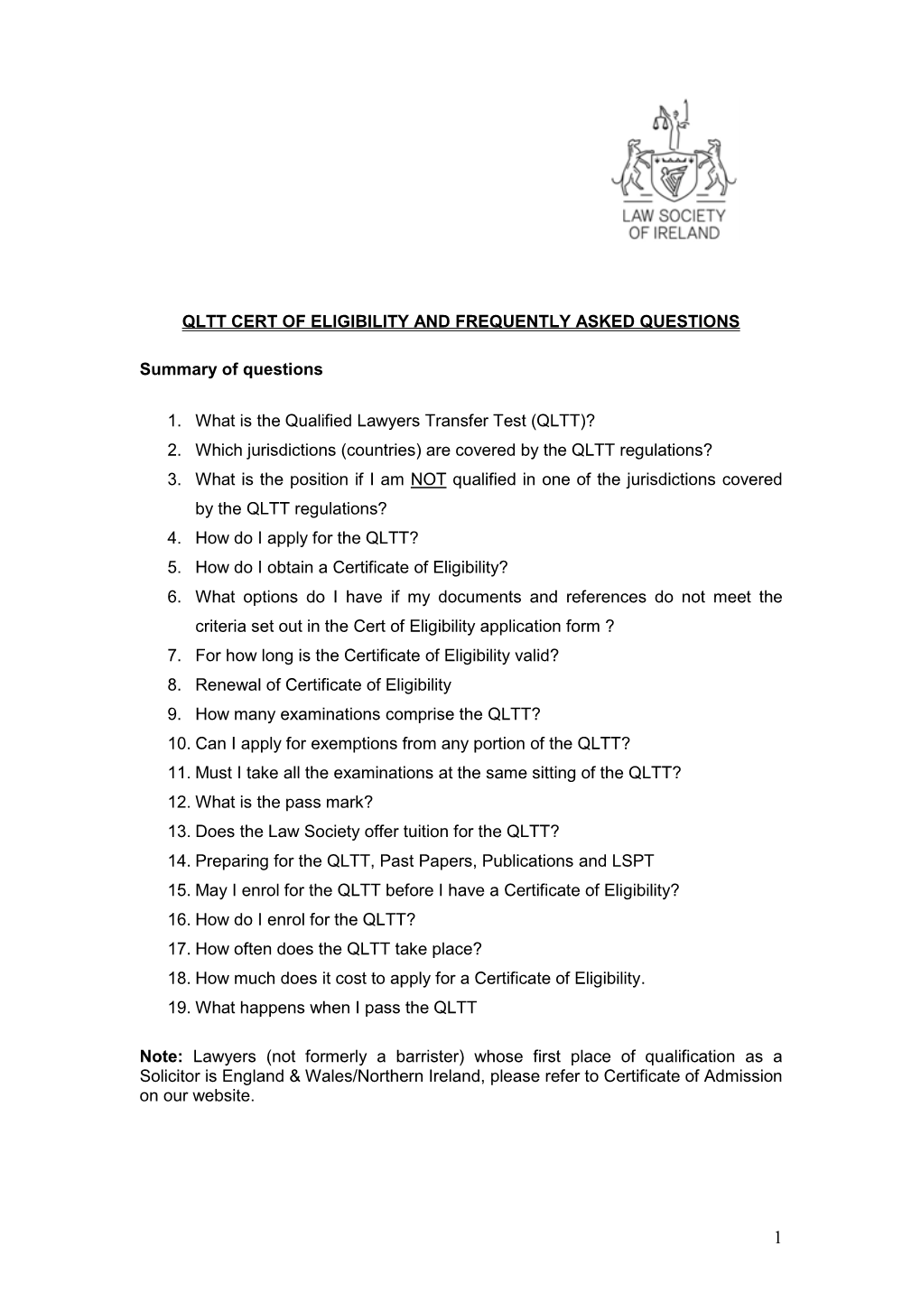Qltt Cert of Eligibility and Frequently Asked Questions