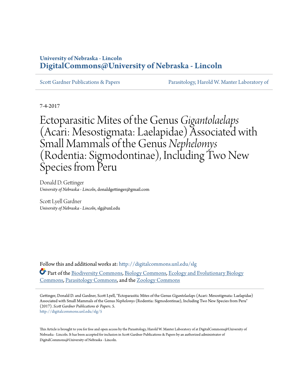 Acari: Mesostigmata: Laelapidae) Associated with Small Mammals of the Genus Nephelomys (Rodentia: Sigmodontinae), Including Two New Species from Peru Donald D