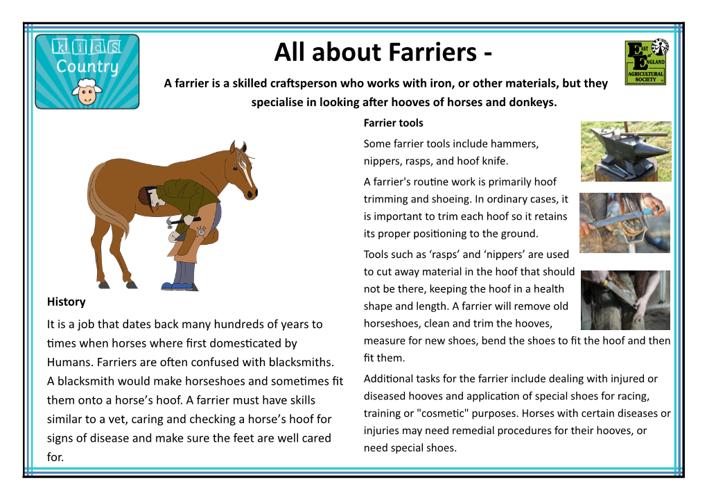 All About Farriers - a Farrier Is a Skilled Craftsperson Who Works with Iron, Or Other Materials, but They Specialise in Looking After Hooves of Horses and Donkeys