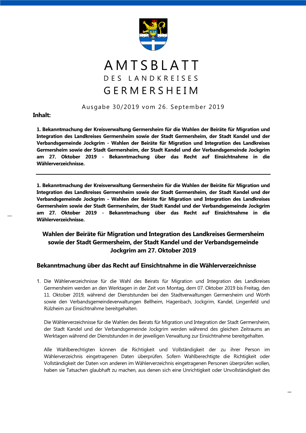 AMTSBLATT DES LANDKREISES GERMERSHEIM Ausgabe 30/2019 Vom 26