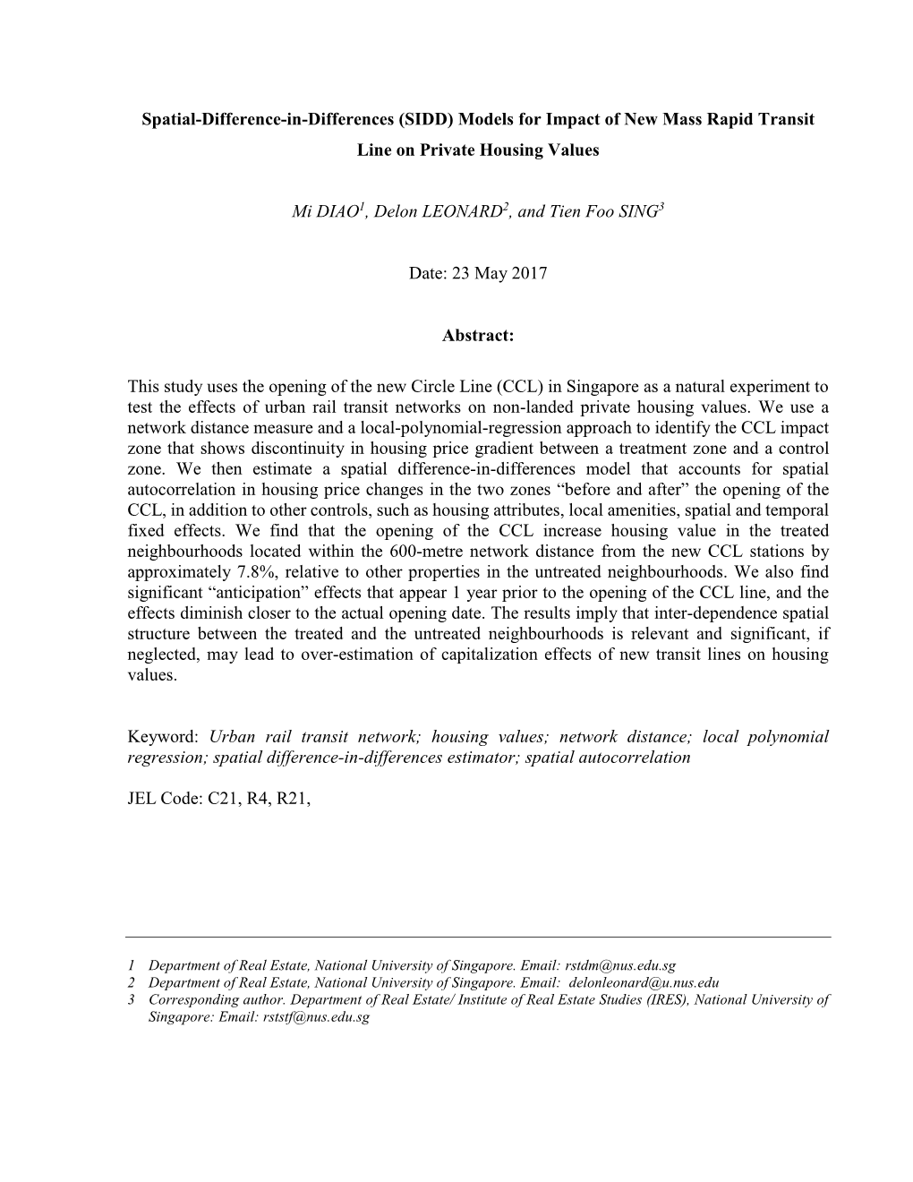 (SIDD) Models for Impact of New Mass Rapid Transit Line on Private Housing Values Mi DIAO1, De