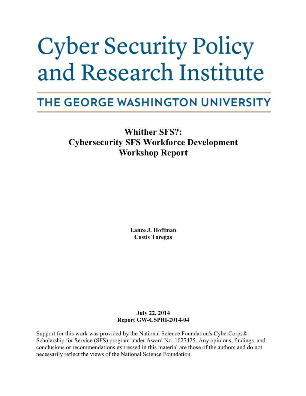 Cybersecurity SFS Workforce Development Workshop Report
