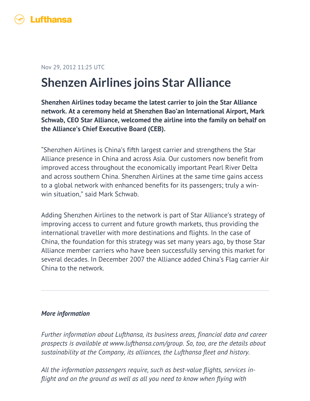 Shenzen Airlines Joins Star Alliance