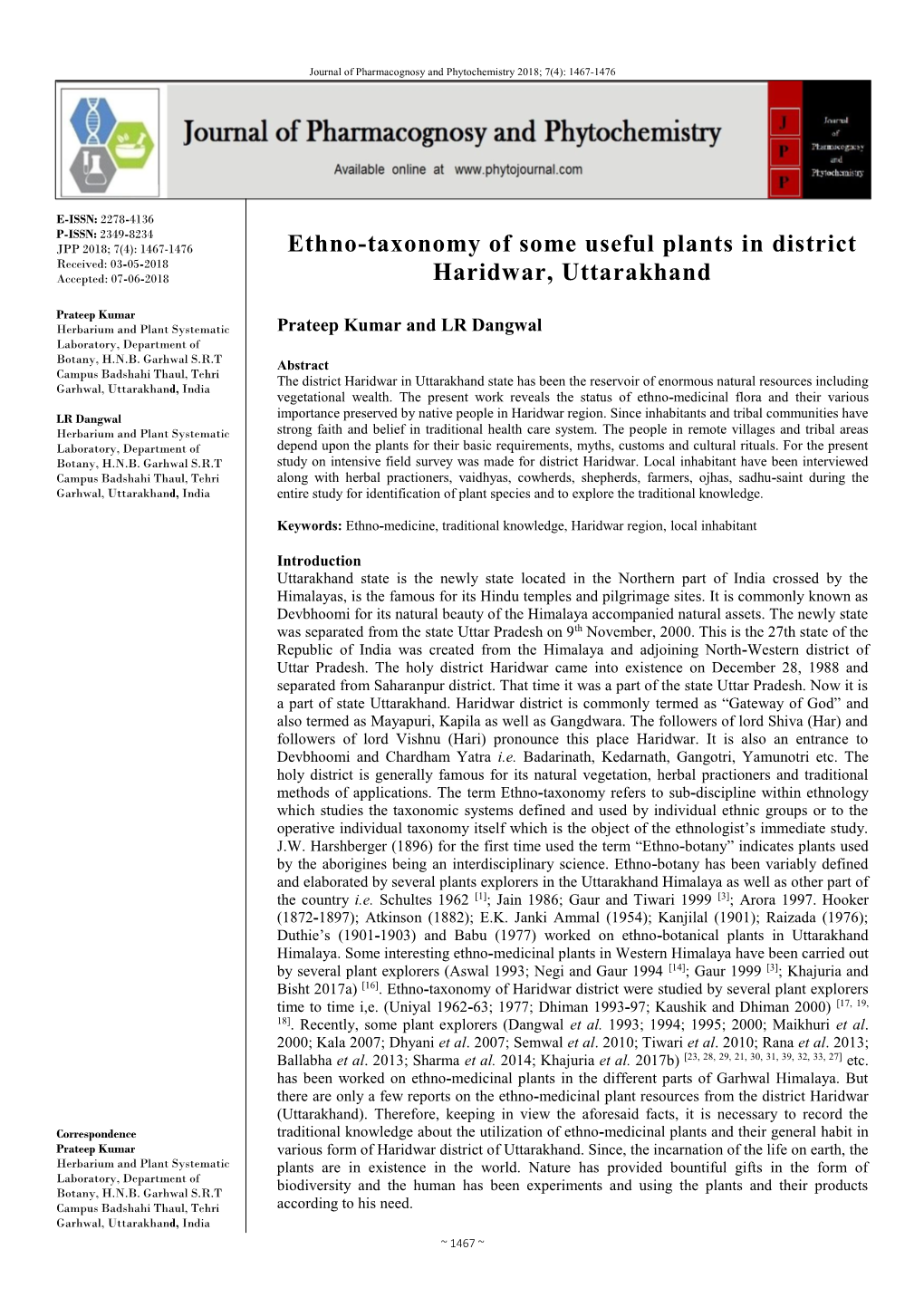 Ethno-Taxonomy of Some Useful Plants in District Haridwar, Uttarakhand