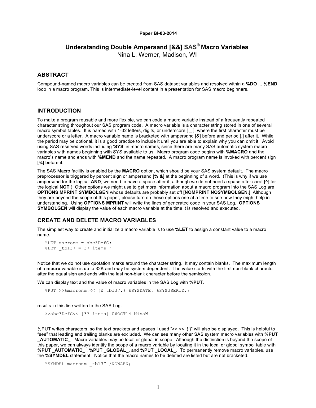 Understanding Double Ampersand [&&] SAS® Macro Variables Nina L