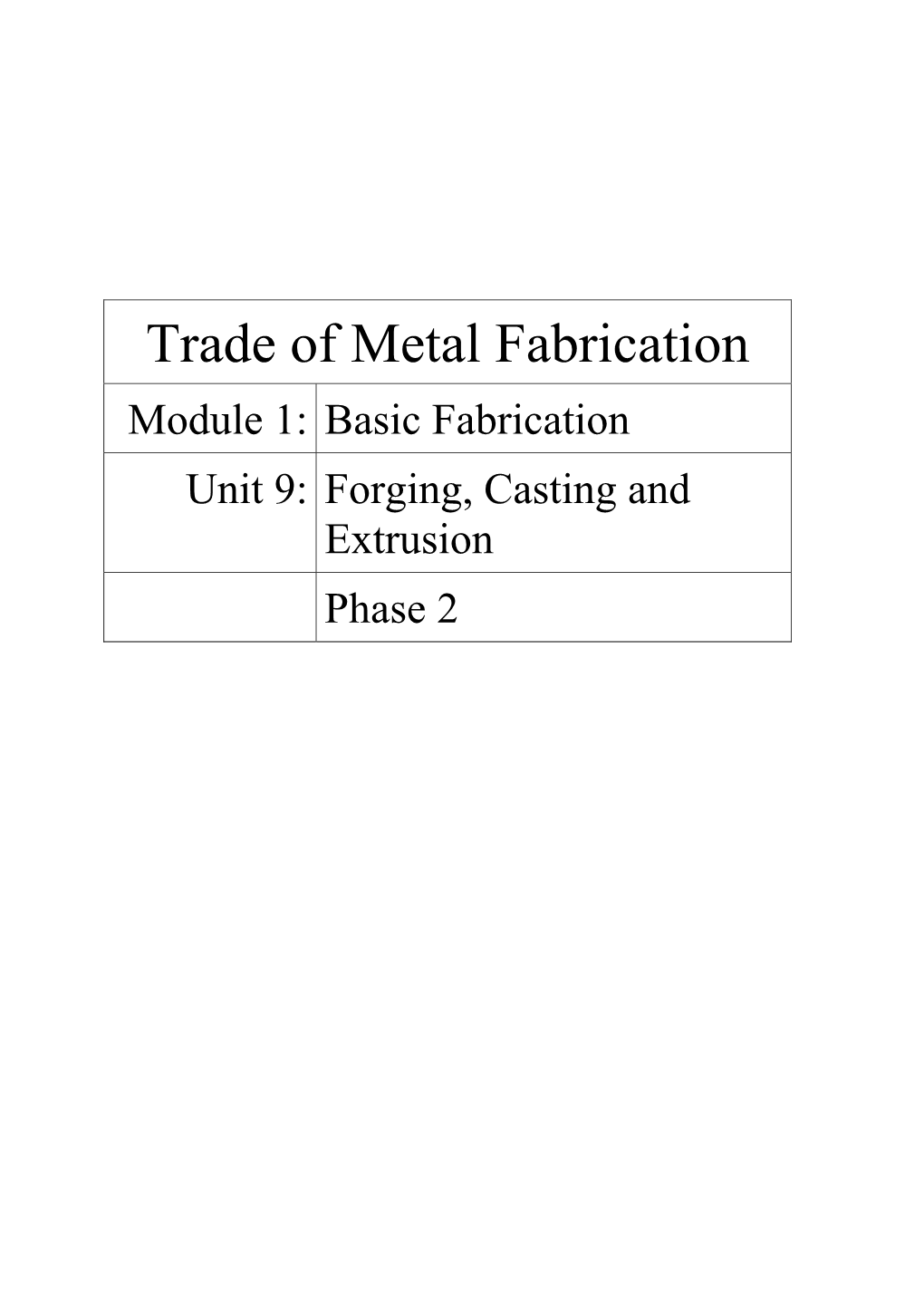 Trade of Metal Fabrication Module 1: Basic Fabrication Unit 9: Forging, Casting and Extrusion Phase 2
