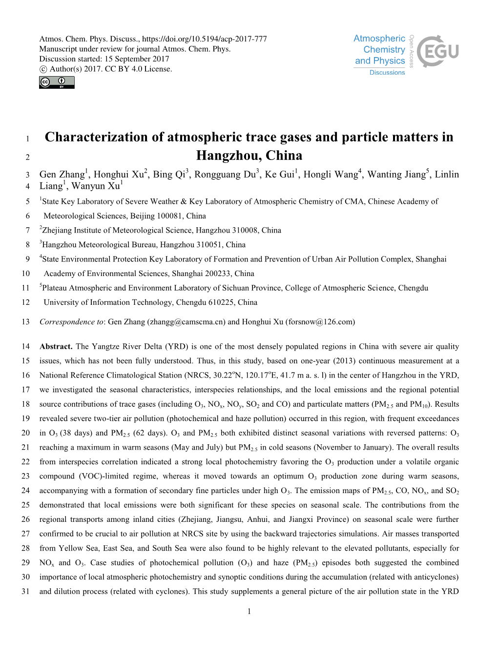 Characterization of Atmospheric Trace Gases and Particle Matters in Hangzhou, China