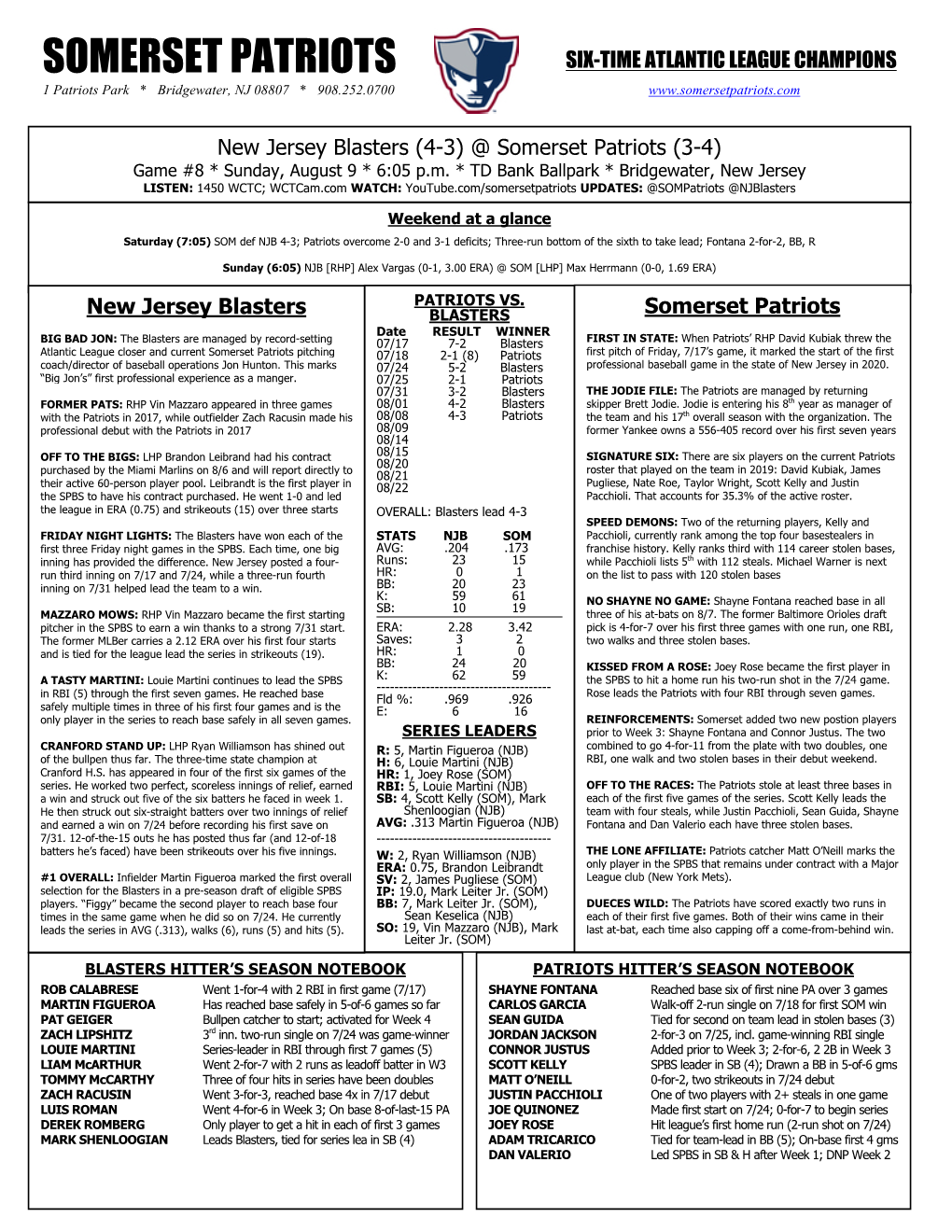 SOMERSET PATRIOTS SIX-TIME ATLANTIC LEAGUE CHAMPIONS 1 Patriots Park * Bridgewater, NJ 08807 * 908.252.0700