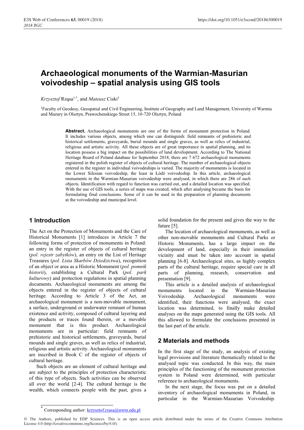 Archaeological Monuments of the Warmian-Masurian Voivodeship – Spatial Analysis Using GIS Tools