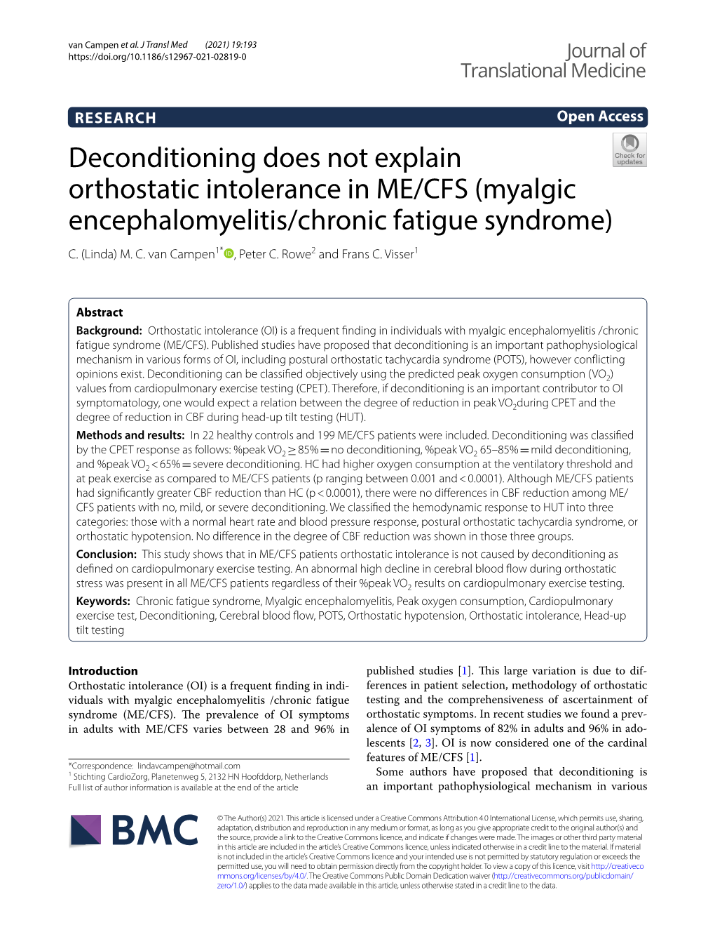 Deconditioning Does Not Explain Orthostatic Intolerance in ME/CFS (Myalgic Encephalomyelitis/Chronic Fatigue Syndrome) C