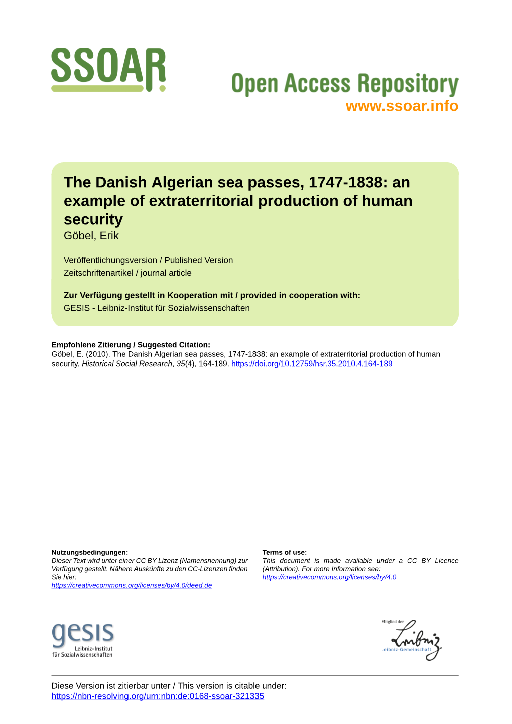 Danish Algerian Sea Passes, 1747-1838: an Example of Extraterritorial Production of Human Security Göbel, Erik