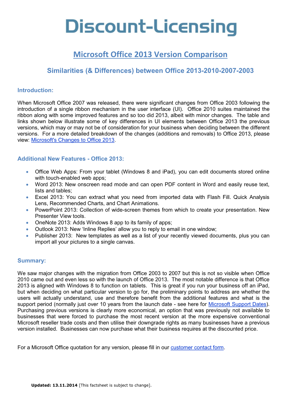 Microsoft Office 2013 Version Comparison