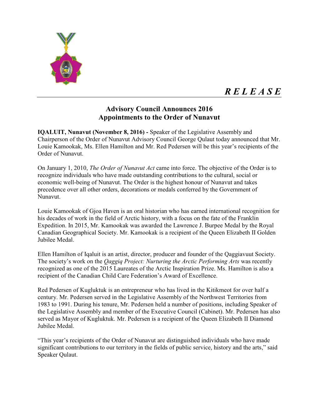 Advisory Council Announces 2016 Appointments to the Order of Nunavut