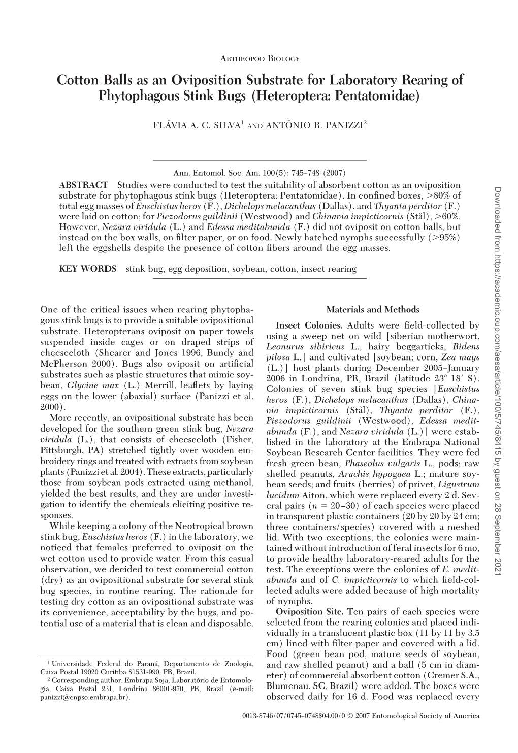 Cotton Balls As an Oviposition Substrate for Laboratory Rearing of Phytophagous Stink Bugs (Heteroptera: Pentatomidae)