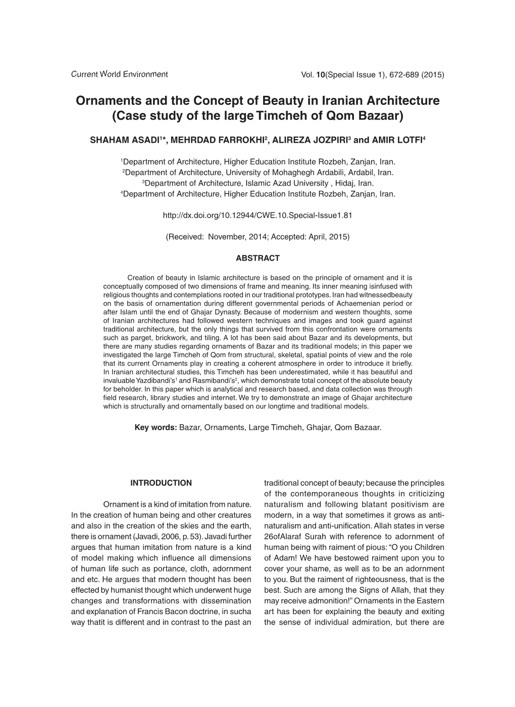 Ornaments and the Concept of Beauty in Iranian Architecture (Case Study of the Large Timcheh of Qom Bazaar)