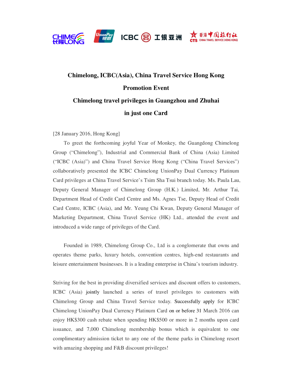 Chimelong, ICBC(Asia), China Travel Service Hong Kong Promotion