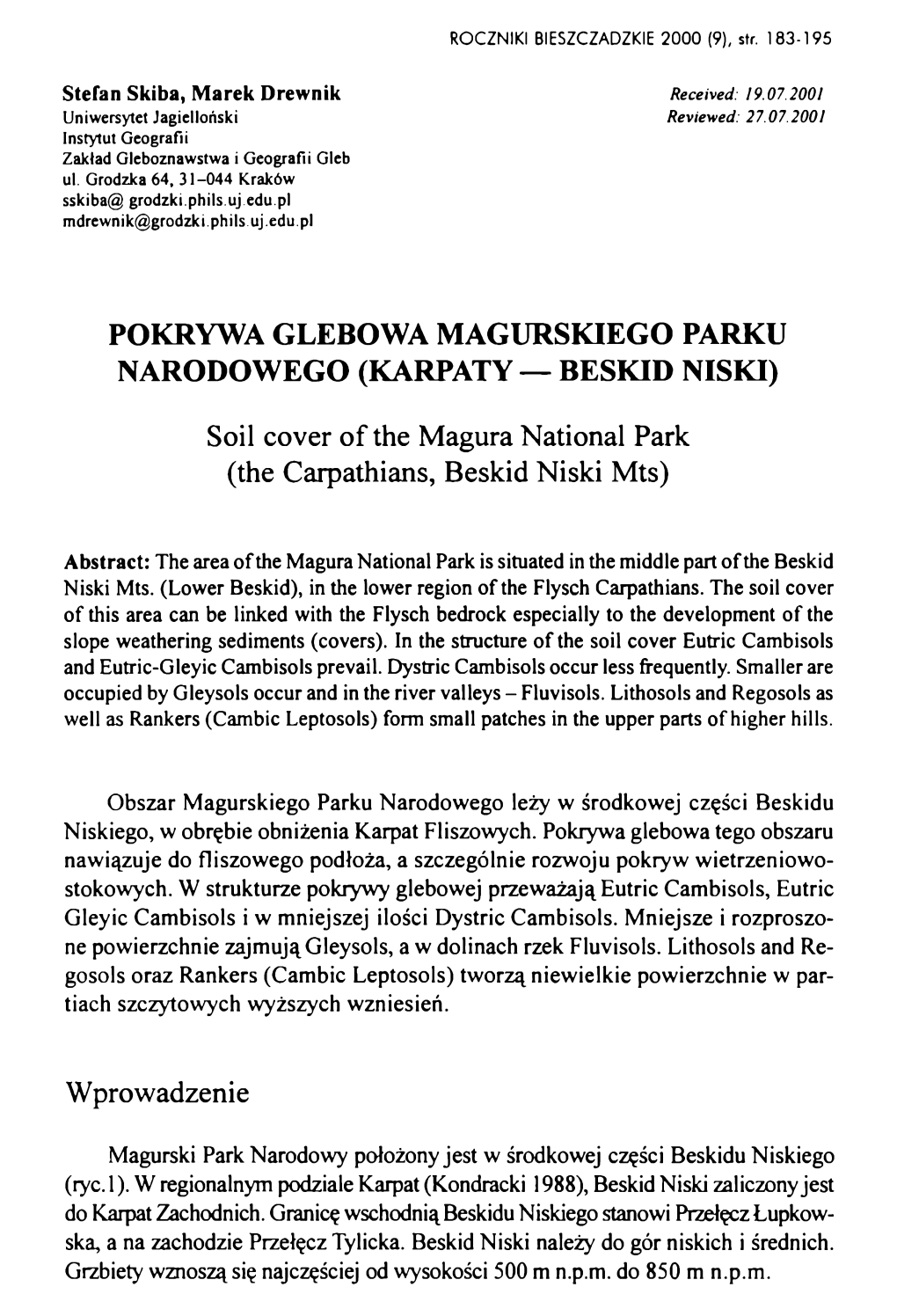 Pokrywa Glebowa Magurskiego Parku Narodowego (Karpaty — Beskid Niski)