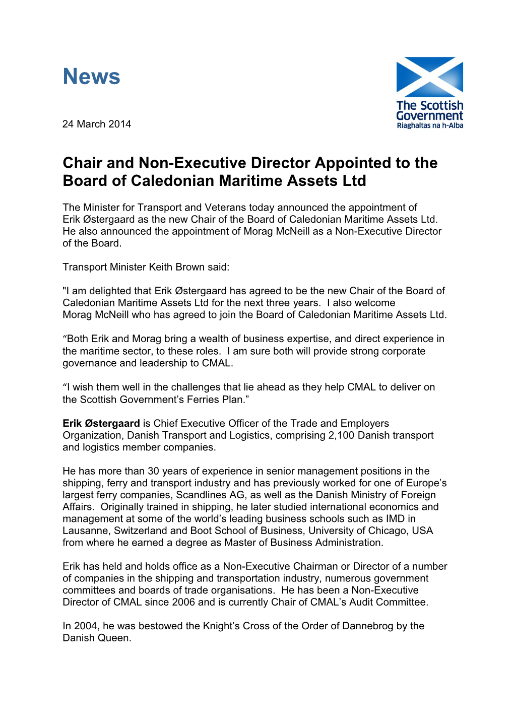 Chair and Non-Executive Director Appointed to the Board of Caledonian Maritime Assets Ltd