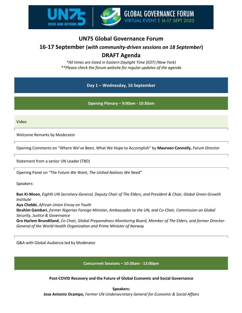 UN75 Global Governance Forum DRAFT Agenda