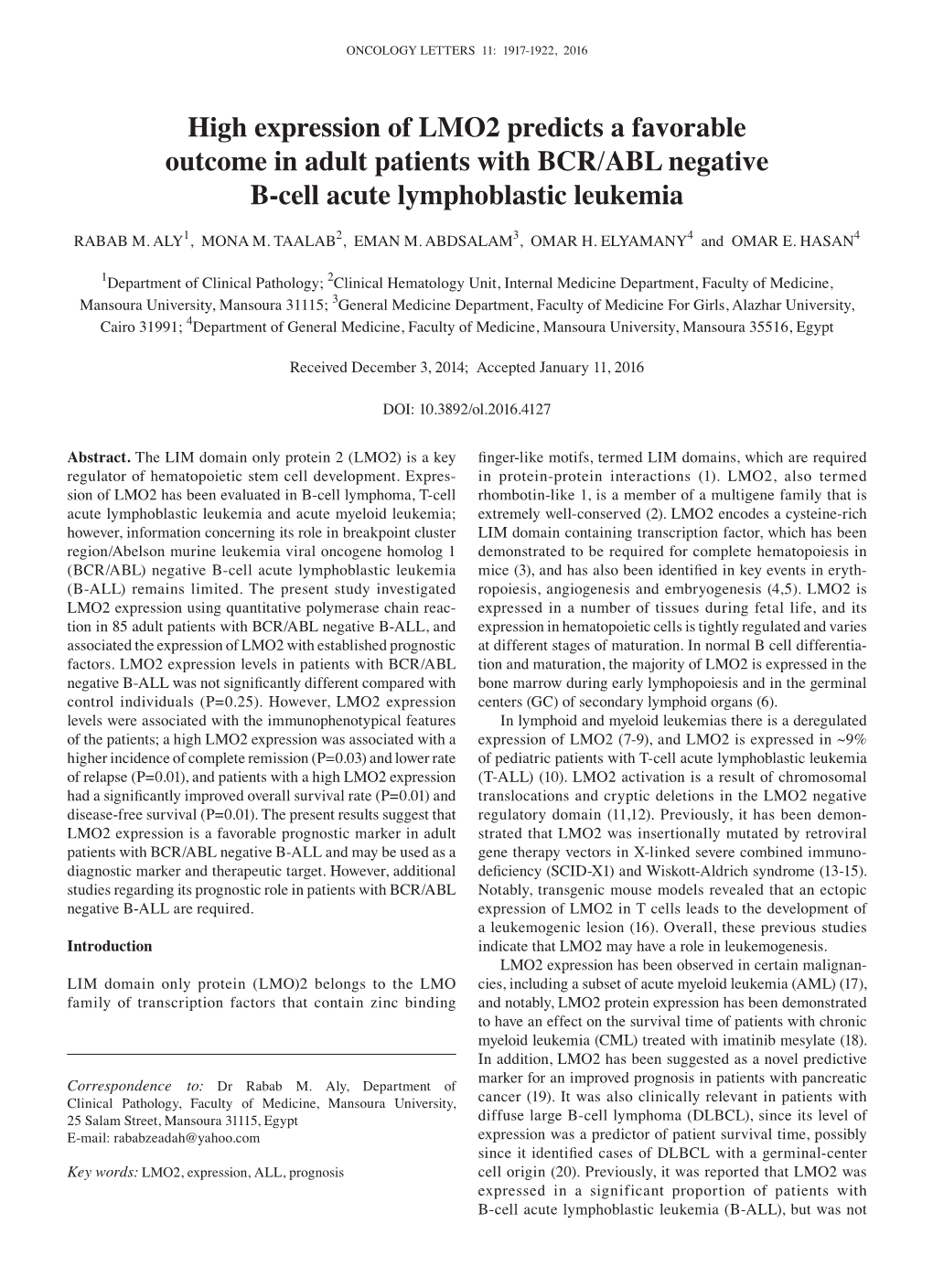 High Expression of LMO2 Predicts a Favorable Outcome in Adult Patients with BCR/ABL Negative B-Cell Acute Lymphoblastic Leukemia