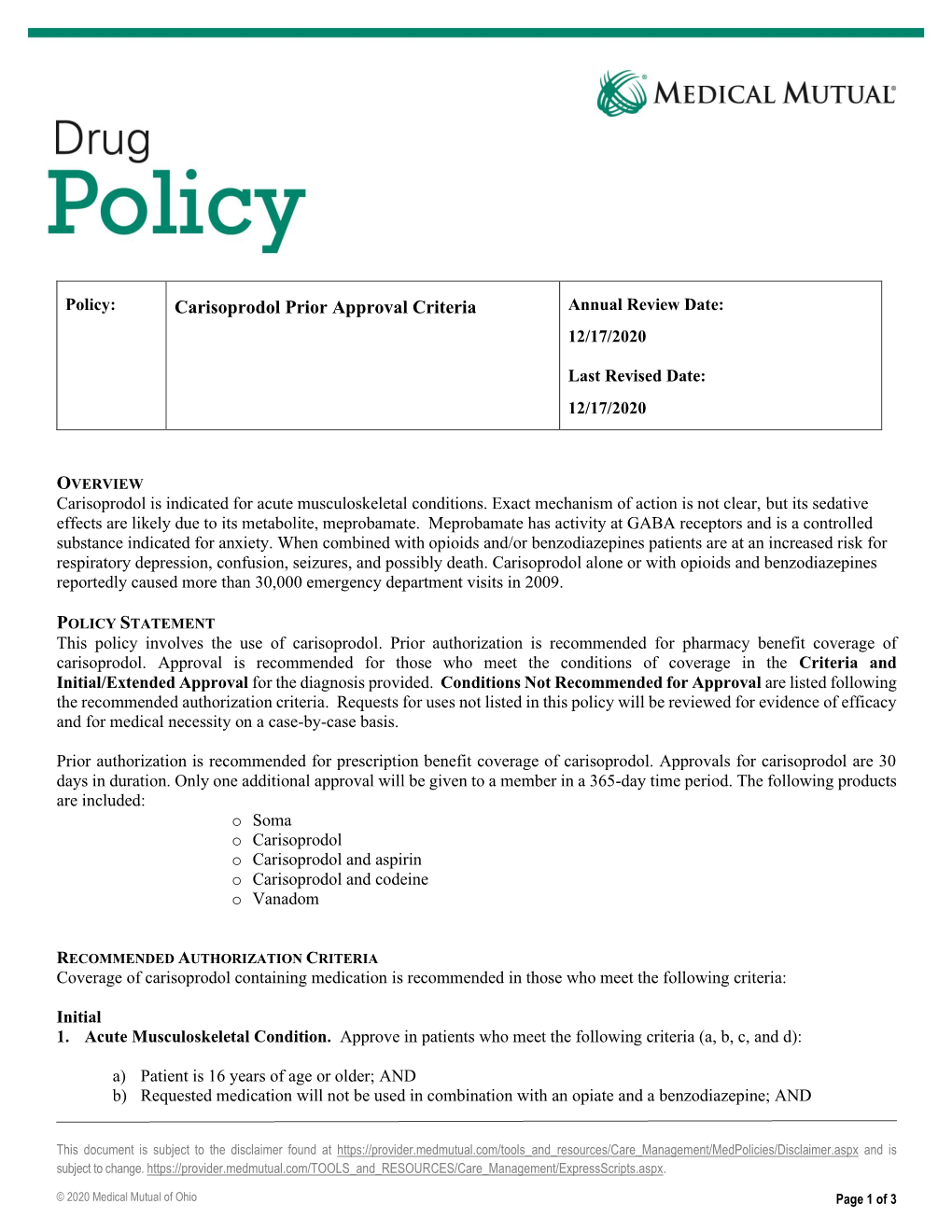 Carisoprodol Prior Approval Criteria Annual Review Date: 12/17/2020