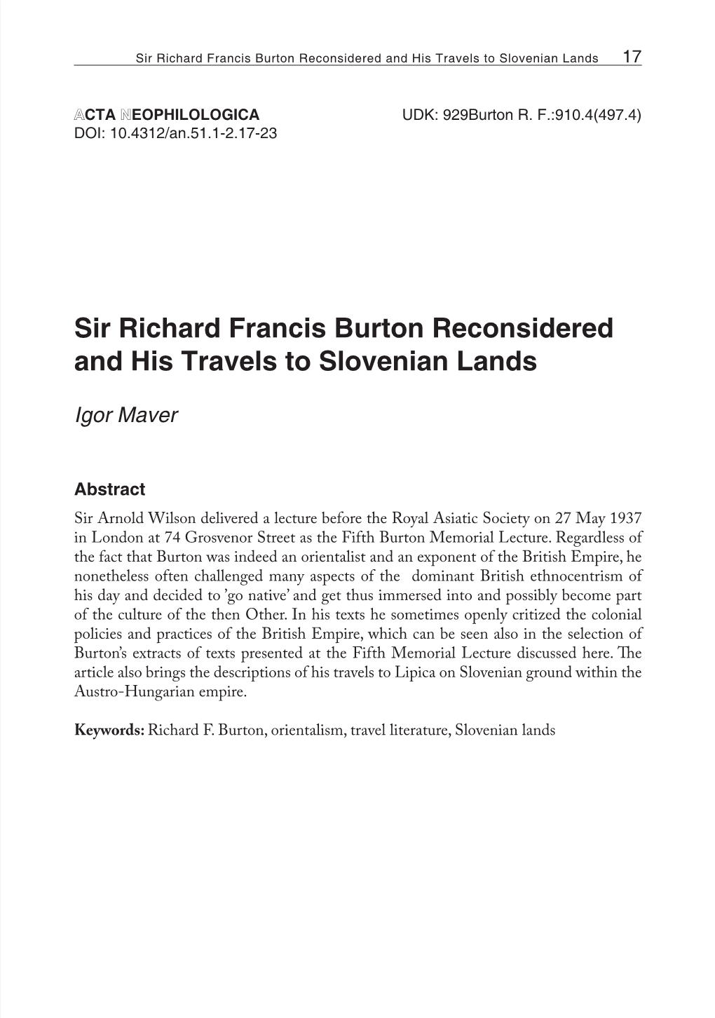 Sir Richard Francis Burton Reconsidered and His Travels to Slovenian Lands 17