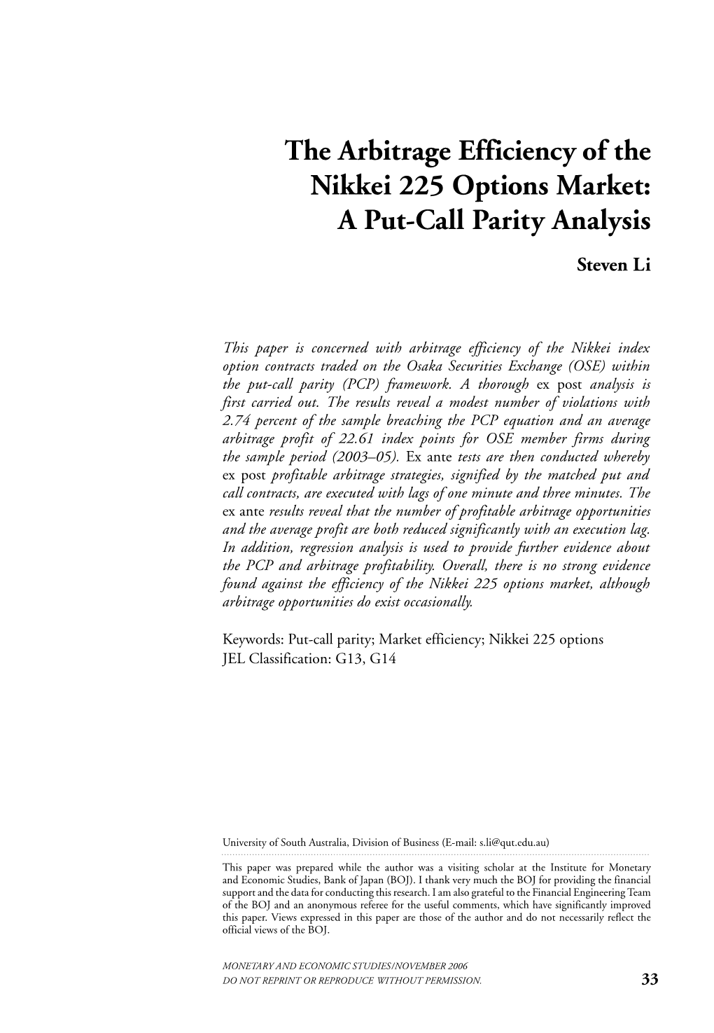 The Arbitrage Efficiency of the Nikkei 225 Options Market: a Put-Call Parity Analysis