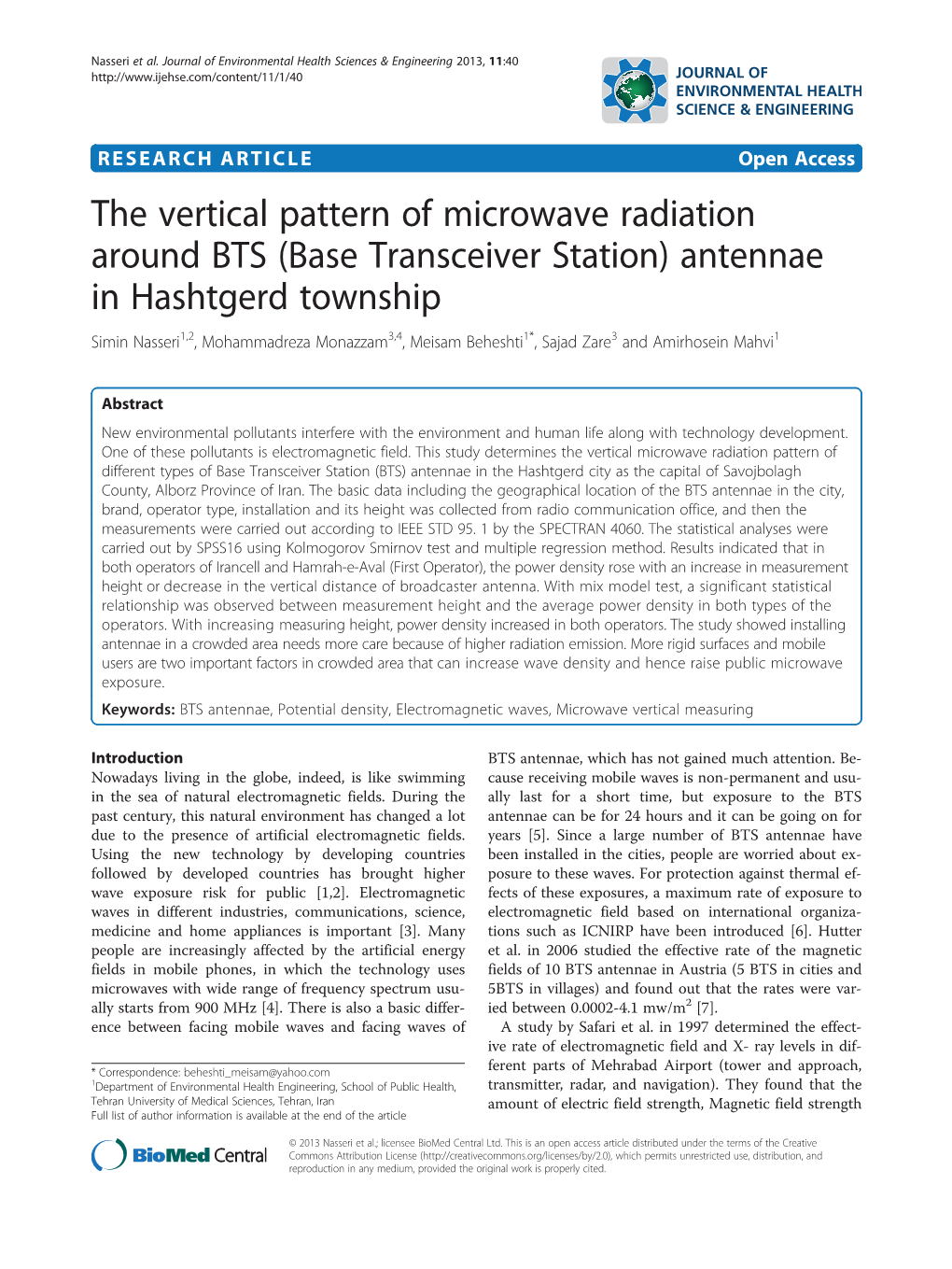 The Vertical Pattern of Microwave Radiation Around BTS (Base Transceiver Station) Antennae in Hashtgerd Township