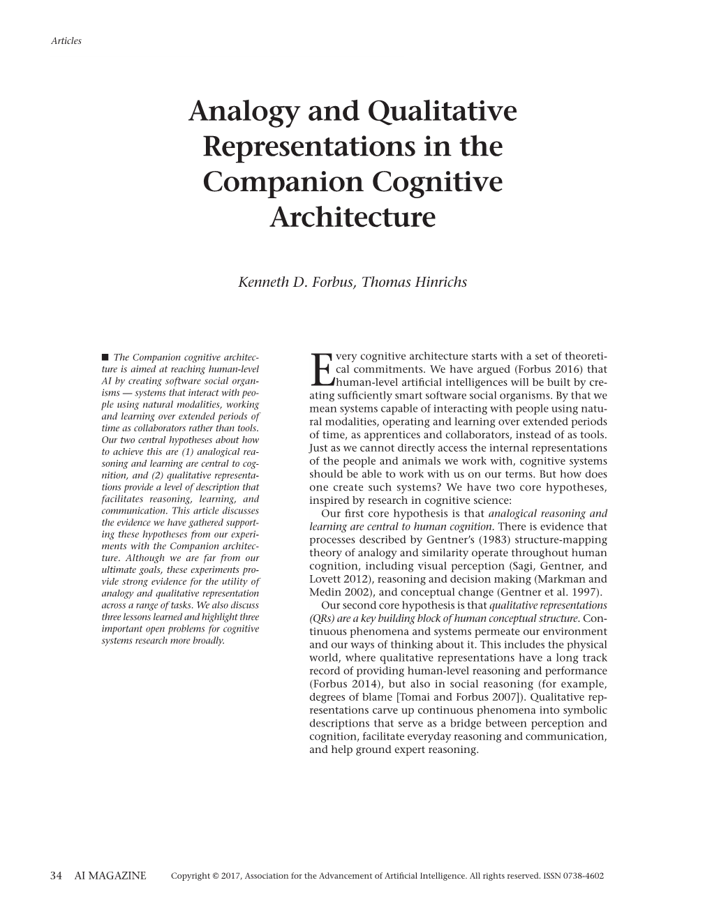 Analogy and Qualitative Representations in the Companion Cognitive Architecture