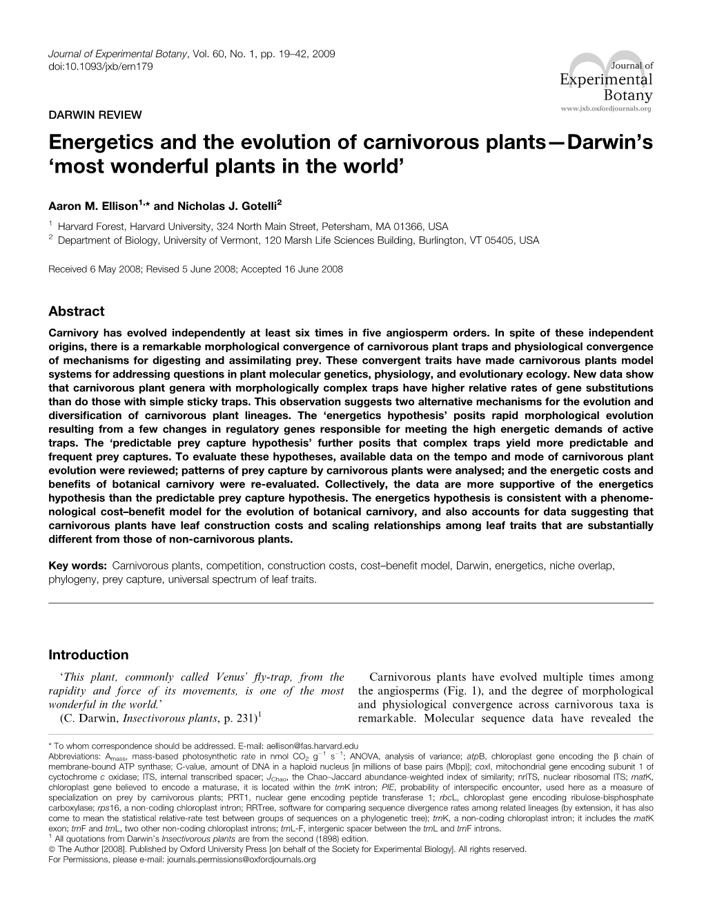 Energetics and the Evolution of Carnivorous Plants—Darwin’S ‘Most Wonderful Plants in the World’