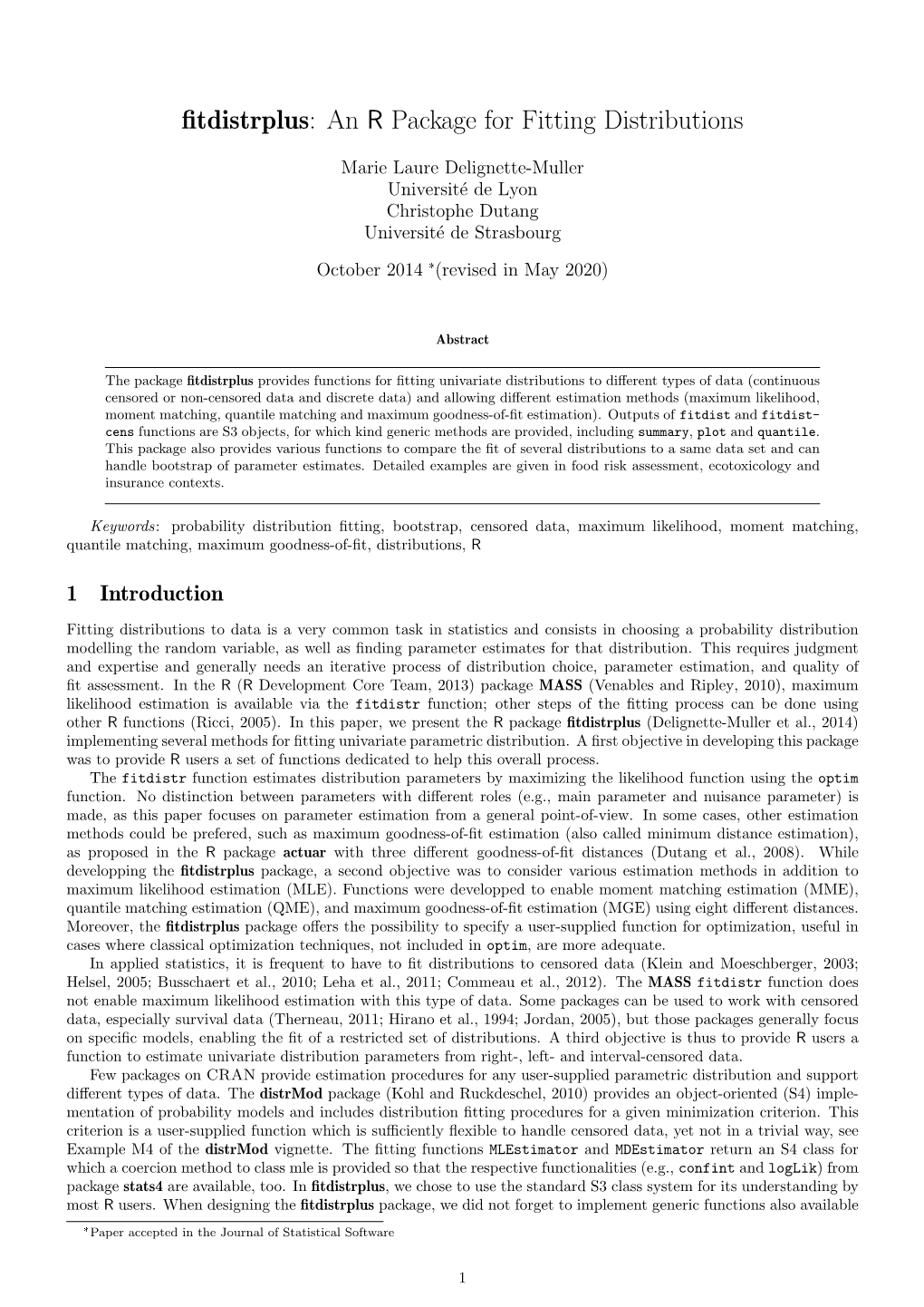 Fitdistrplus: an R Package for Fitting Distributions