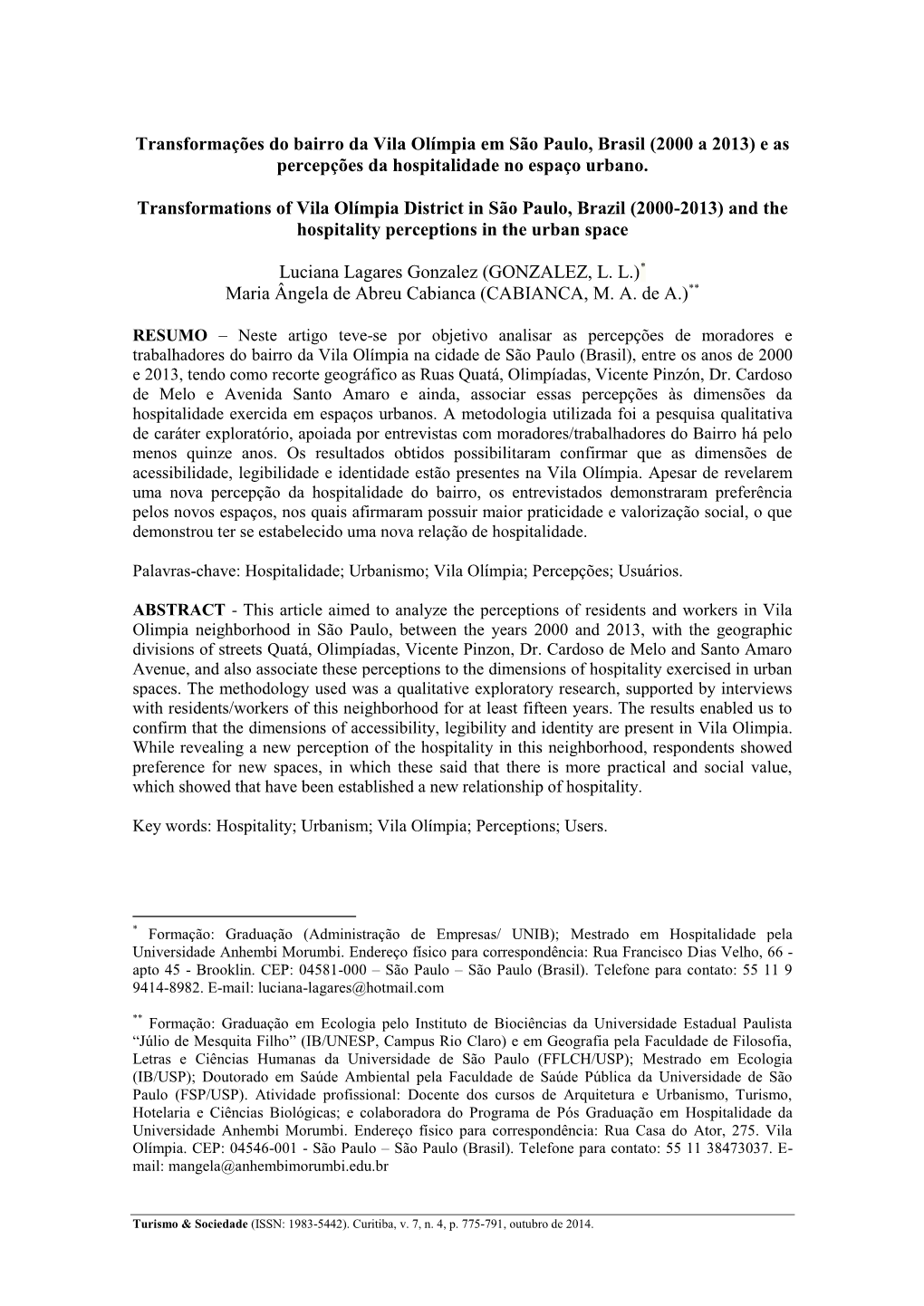 Transformações Do Bairro Da Vila Olímpia Em São Paulo, Brasil (2000 a 2013) E As Percepções Da Hospitalidade No Espaço Urbano