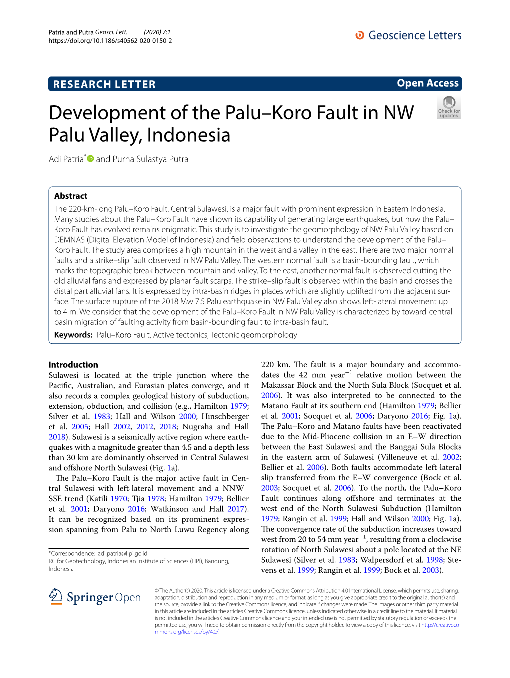 Development of the Palu–Koro Fault in NW Palu Valley, Indonesia Adi Patria* and Purna Sulastya Putra