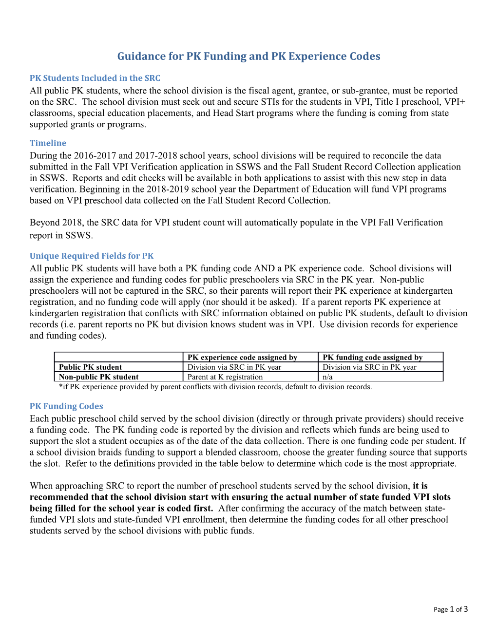 Guidance for PK Funding and PK Experience Codes