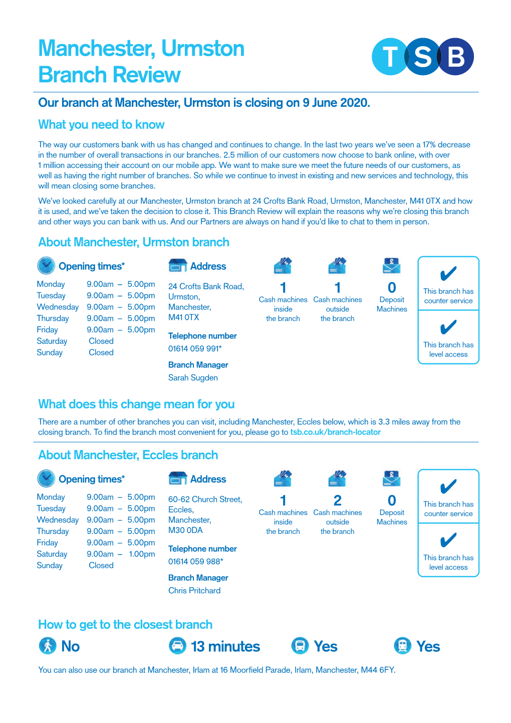 Manchester, Urmston Branch Review Our Branch at Manchester, Urmston Is Closing on 9 June 2020