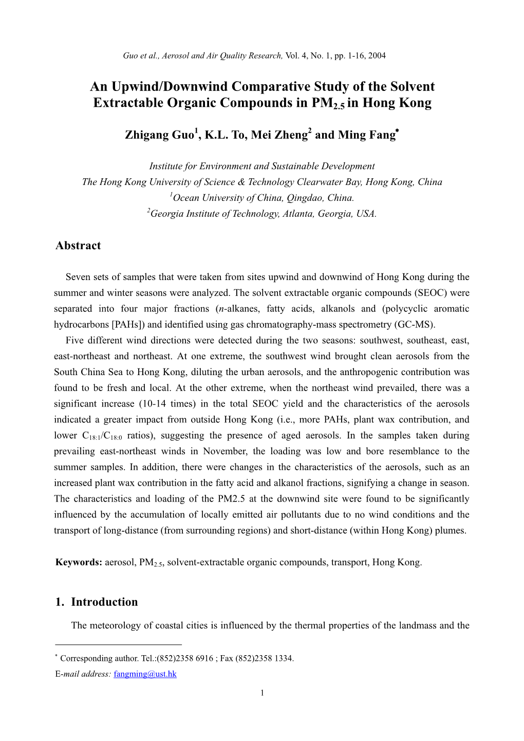 An Upwind/Downwind Comparative Study of the Solvent Extractable Organic Compounds in PM2.5 in Hong Kong