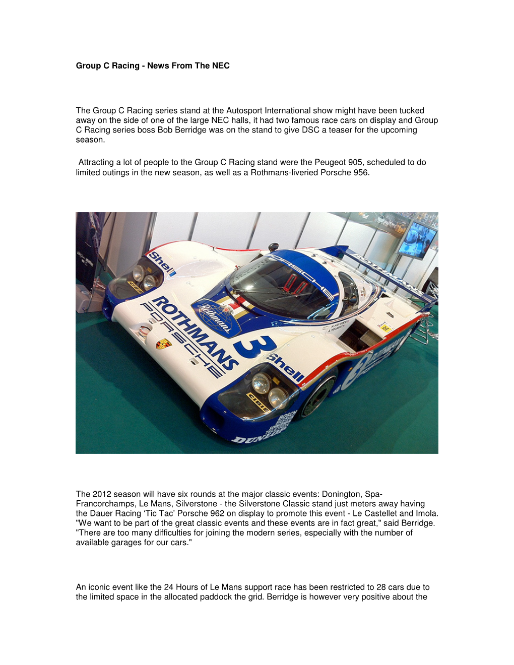 News from the NEC the Group C Racing Series Stand at The