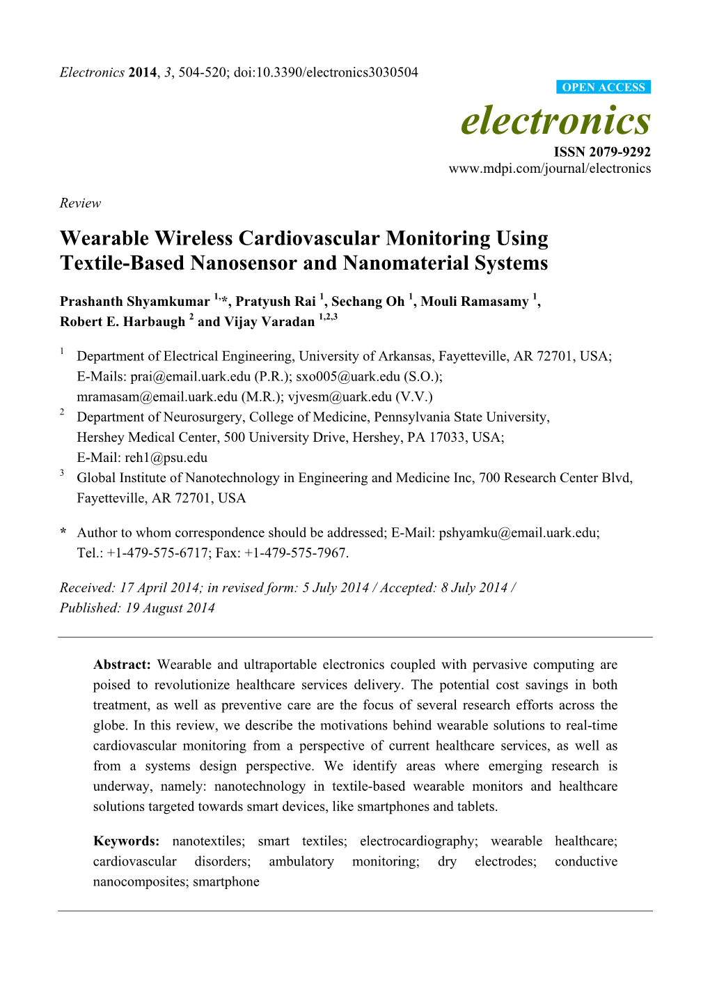 Wearable Wireless Cardiovascular Monitoring Using Textile-Based Nanosensor and Nanomaterial Systems