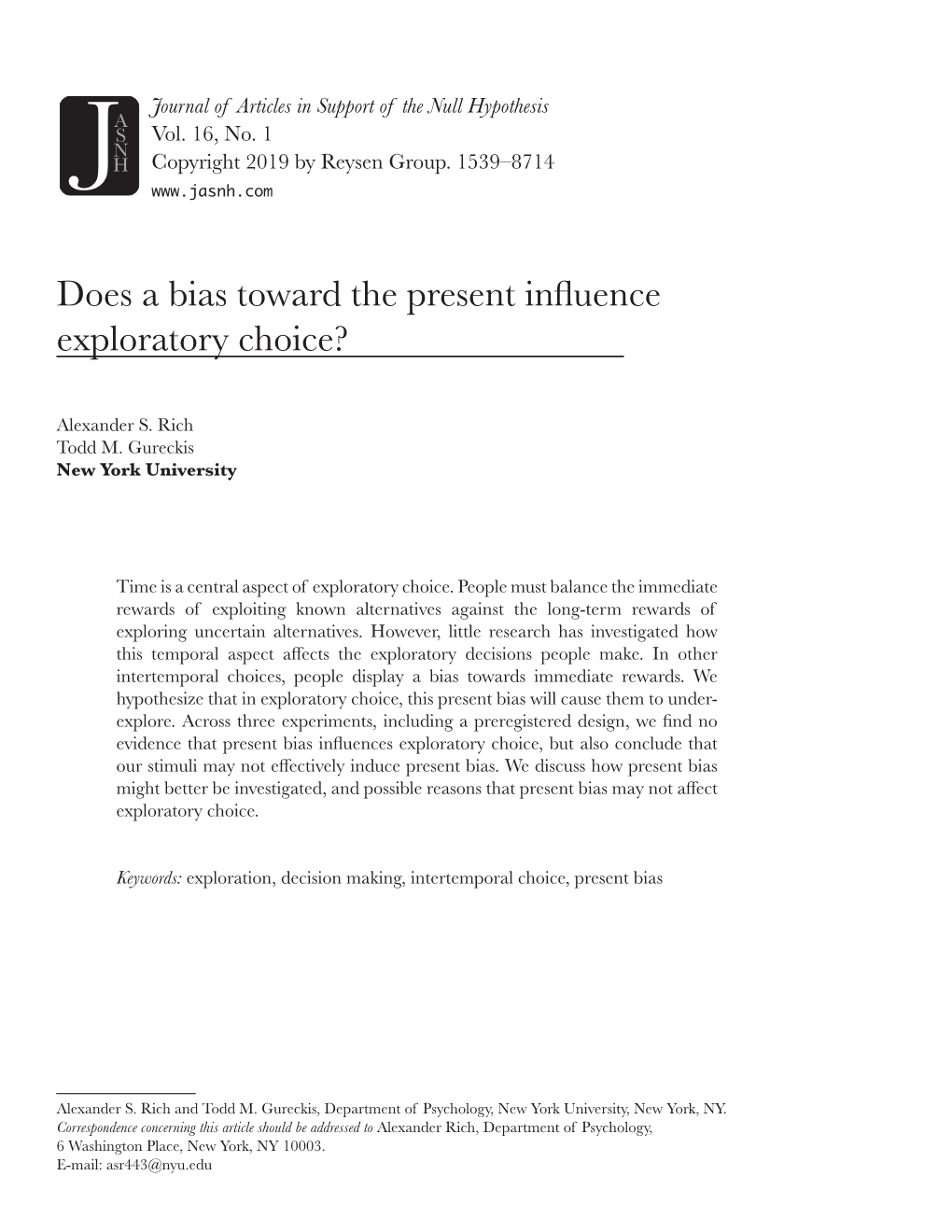 Does a Bias Toward the Present Influence Exploratory Choice?