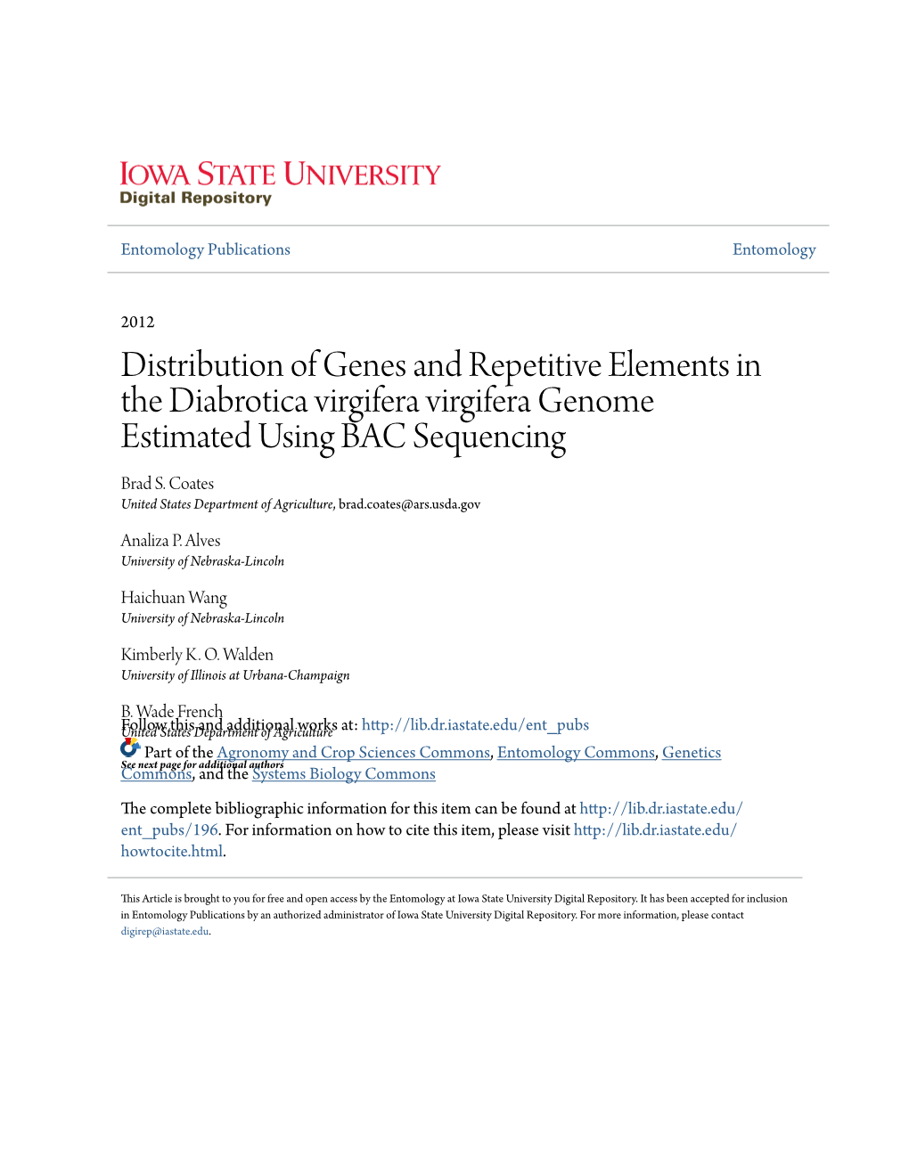 Distribution of Genes and Repetitive Elements in the Diabrotica Virgifera Virgifera Genome Estimated Using BAC Sequencing Brad S