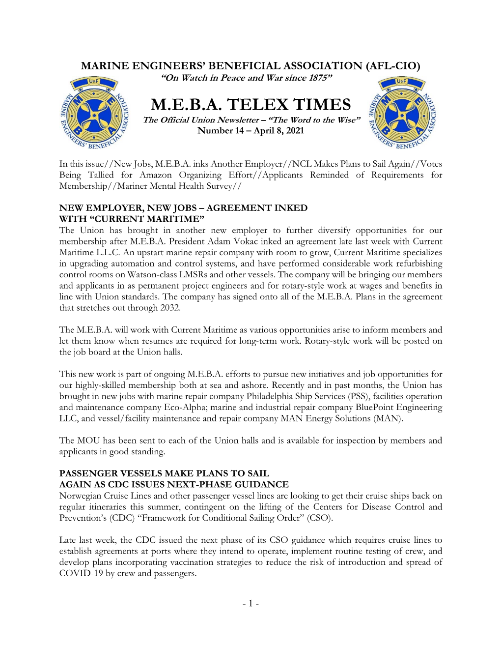 M.E.B.A. TELEX TIMES the Official Union Newsletter – “The Word to the Wise” Number 14 – April 8, 2021