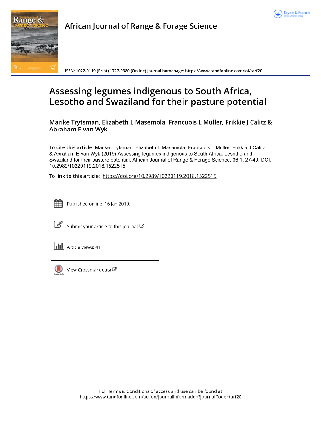 Assessing Legumes Indigenous to South Africa, Lesotho and Swaziland for Their Pasture Potential