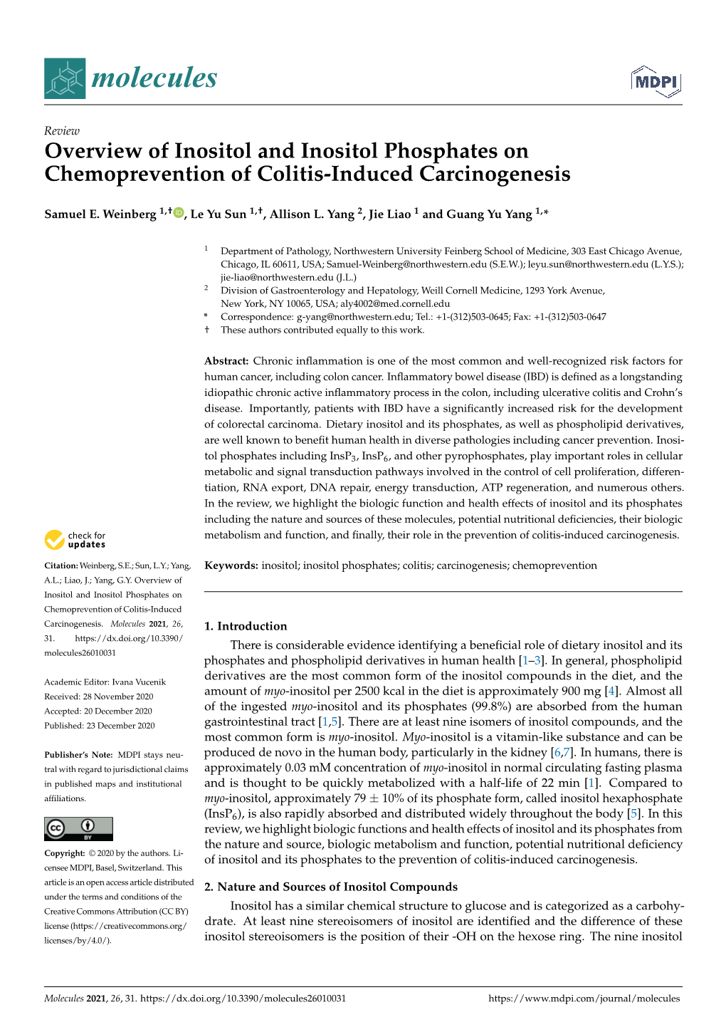 Overview of Inositol and Inositol Phosphates on Chemoprevention of Colitis-Induced Carcinogenesis