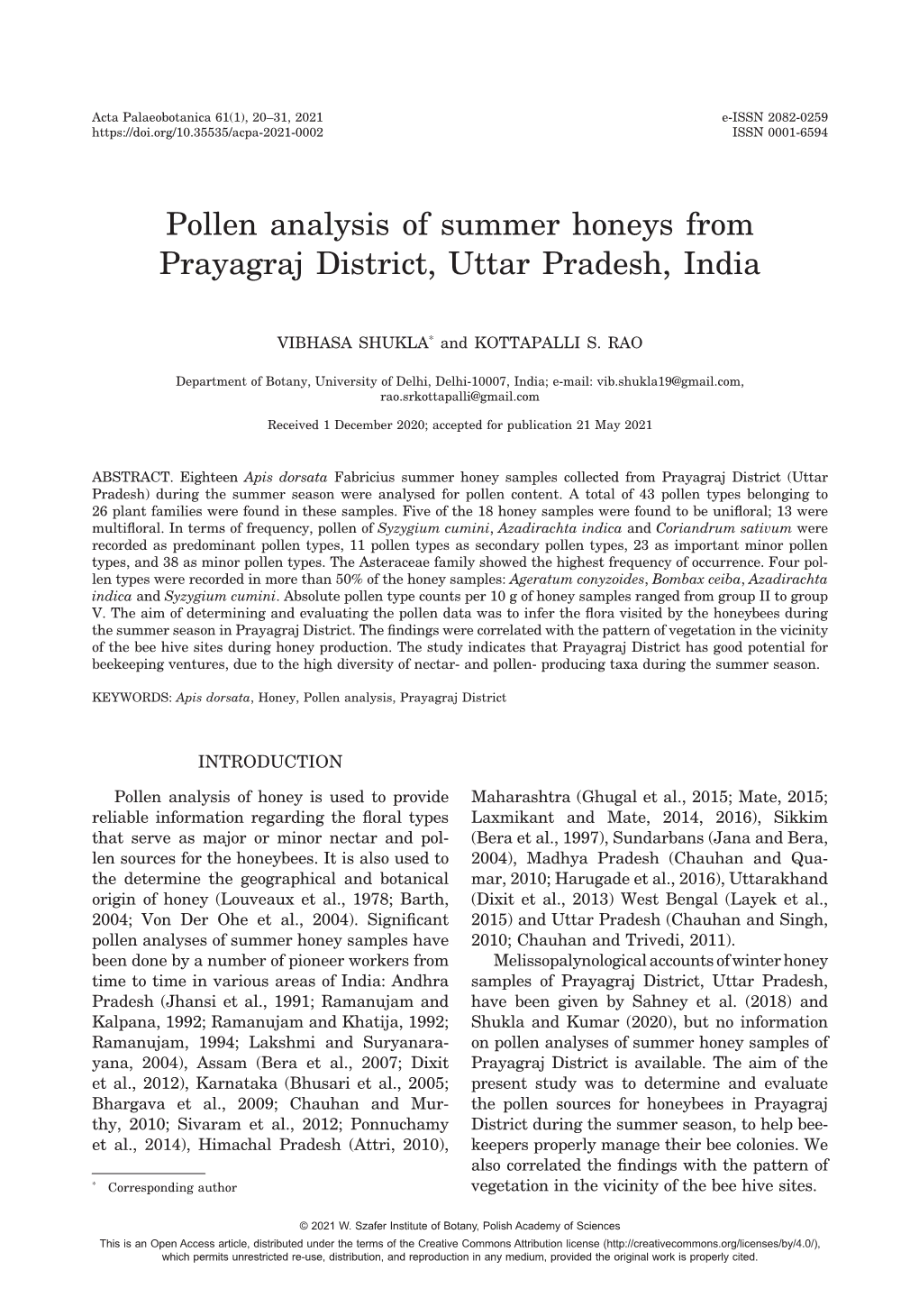 Pollen Analysis of Summer Honeys from Prayagraj District, Uttar Pradesh, India