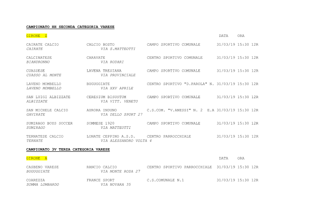 Campionato Hh Seconda Categoria Varese Girone Z