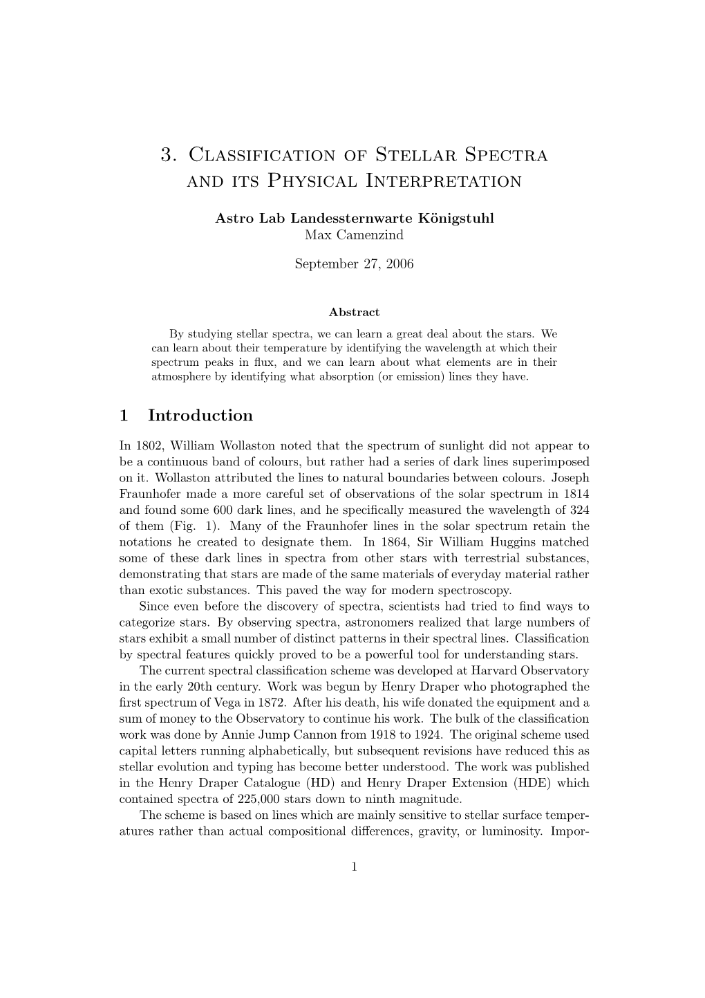 3. Classification of Stellar Spectra and Its Physical Interpretation