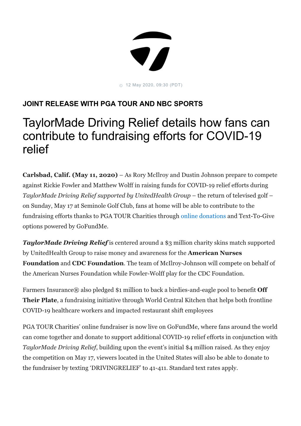 Taylormade Driving Relief Details How Fans Can Contribute to Fundraising Efforts for COVID-19 Relief